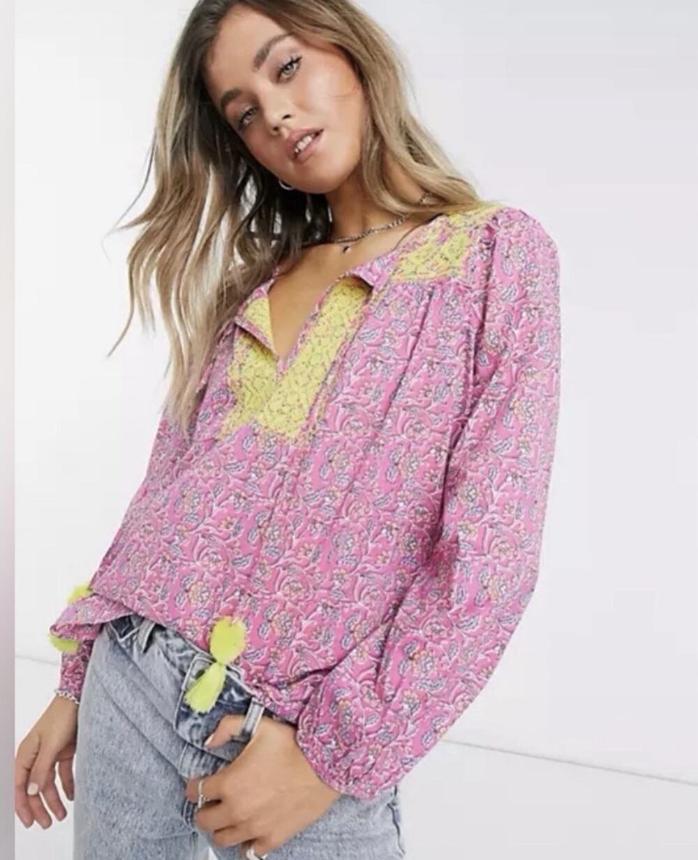J..Crew Floral Embroidered Peasant Blouse Top Size M Tassle Pink Starina